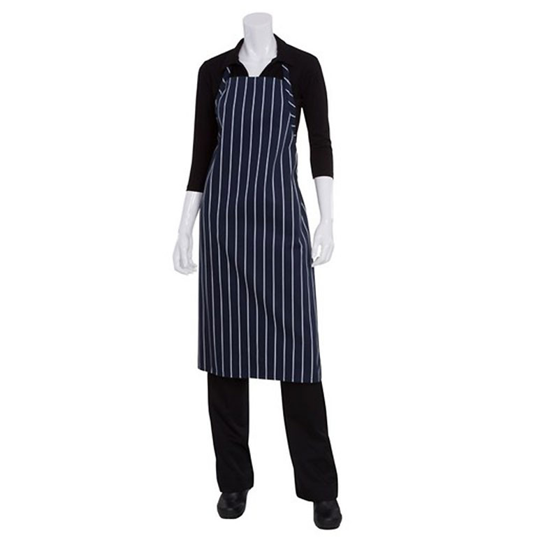 Navy blue apron with white vertical chalkstripe pattern and adjustable neck strap
