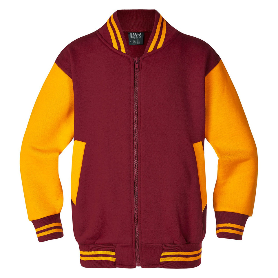 Maroon varsity jacket with gold sleeves and striped collar and cuffs, front zip closure