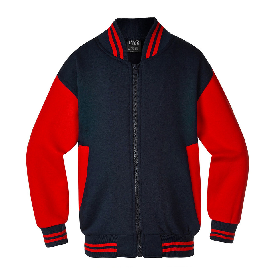 Navy varsity jacket with bright red contrast sleeves and striped rib collar and cuffs