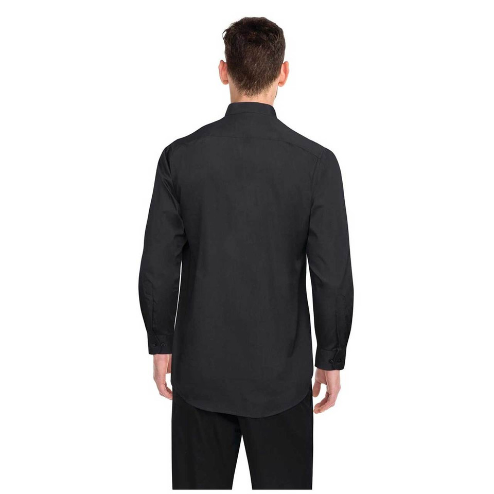 Back view of charcoal long sleeve shirt with banded collar and smooth flat back panel