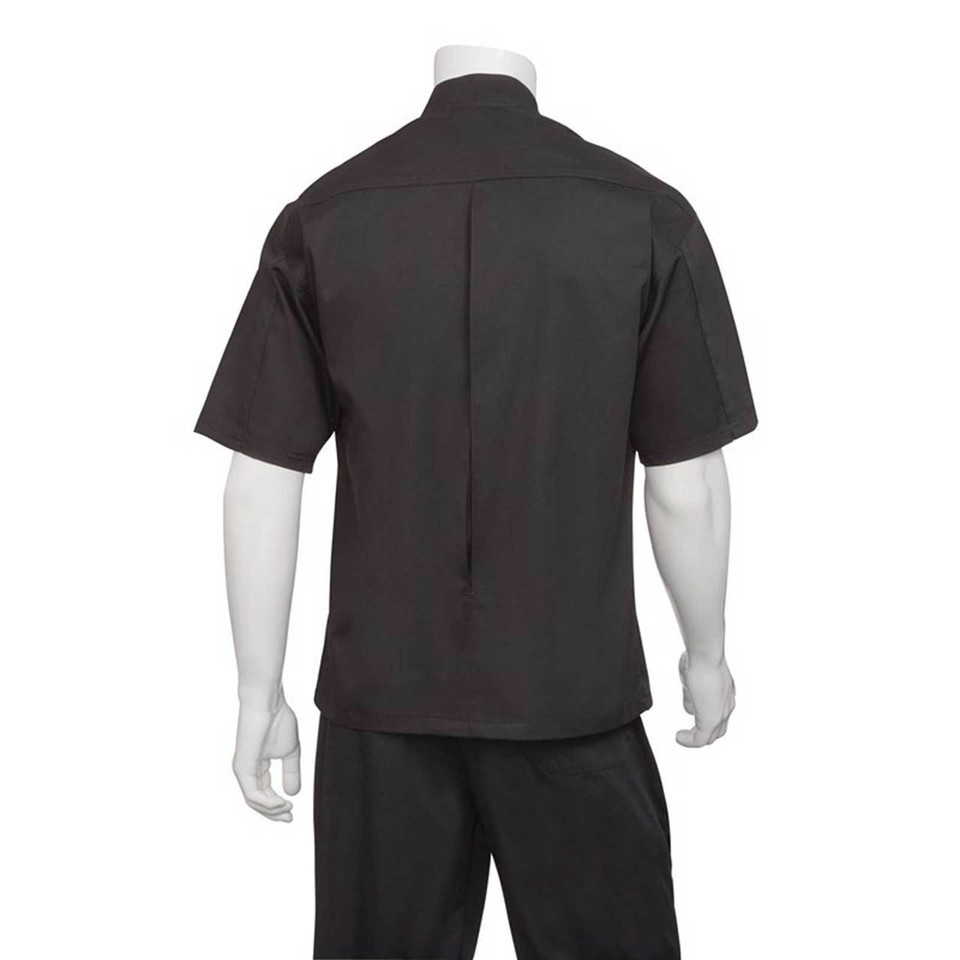 Charcoal grey short sleeve chef jacket back view with mesh vent panel and press stud collar