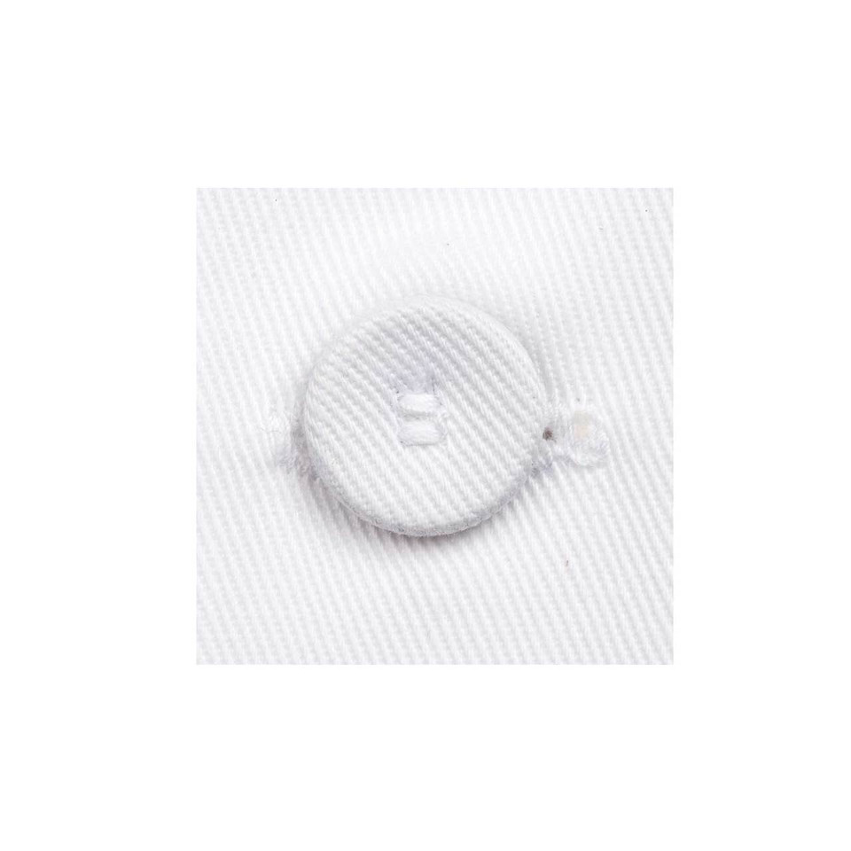 White chef jacket button with textured fabric and central buttonhole detail