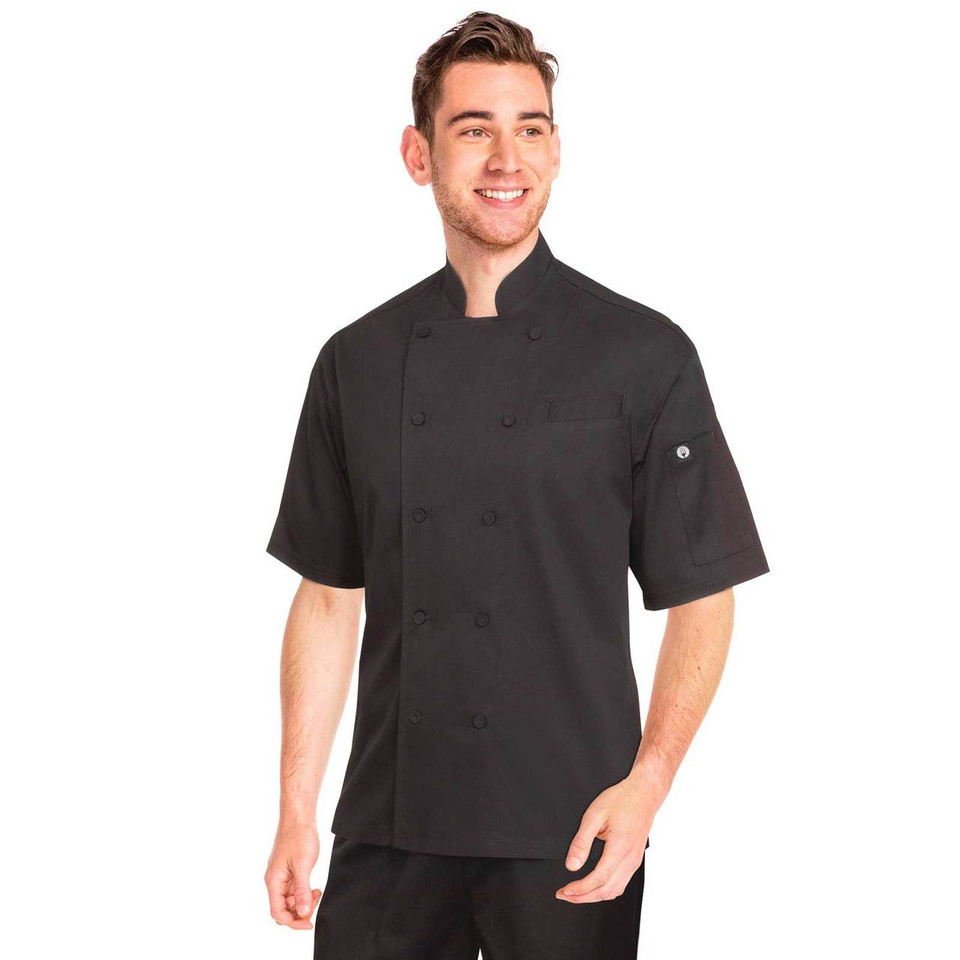 Black short sleeve chef jacket with mandarin collar, double-breasted button closure and mesh vent panels