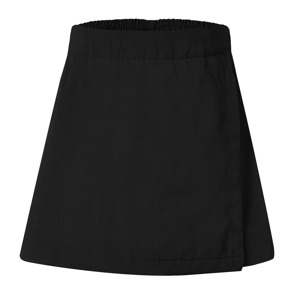 Black gaberdine sports skort with elasticated waistband and wrap-style front panel