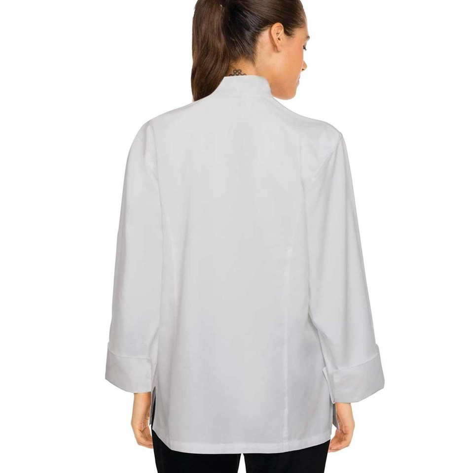 Back view of women's white long-sleeve chef jacket with mandarin collar and fold-back cuffs