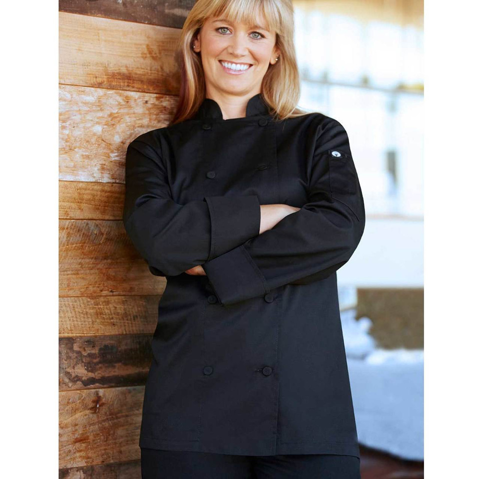 Black long sleeve chef jacket with mandarin collar and double-breasted button closure
