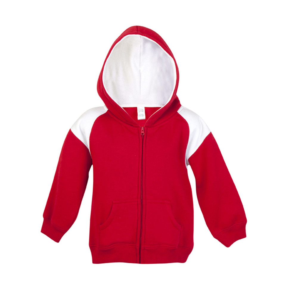 Red baby zip hoodie with white contrast hood lining and shoulder panels, front zipper closure