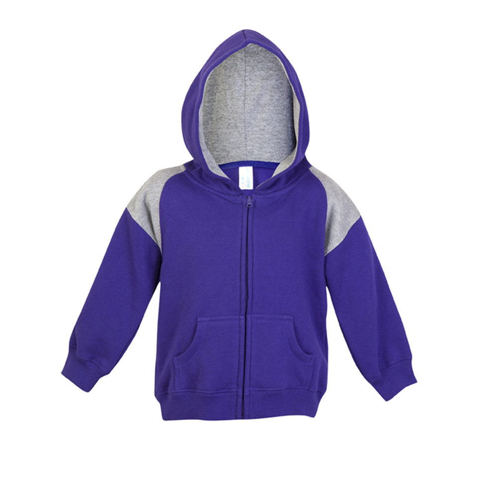 Purple zip-up fleece hoodie with grey marle contrast hood and shoulder panels, front pockets visible