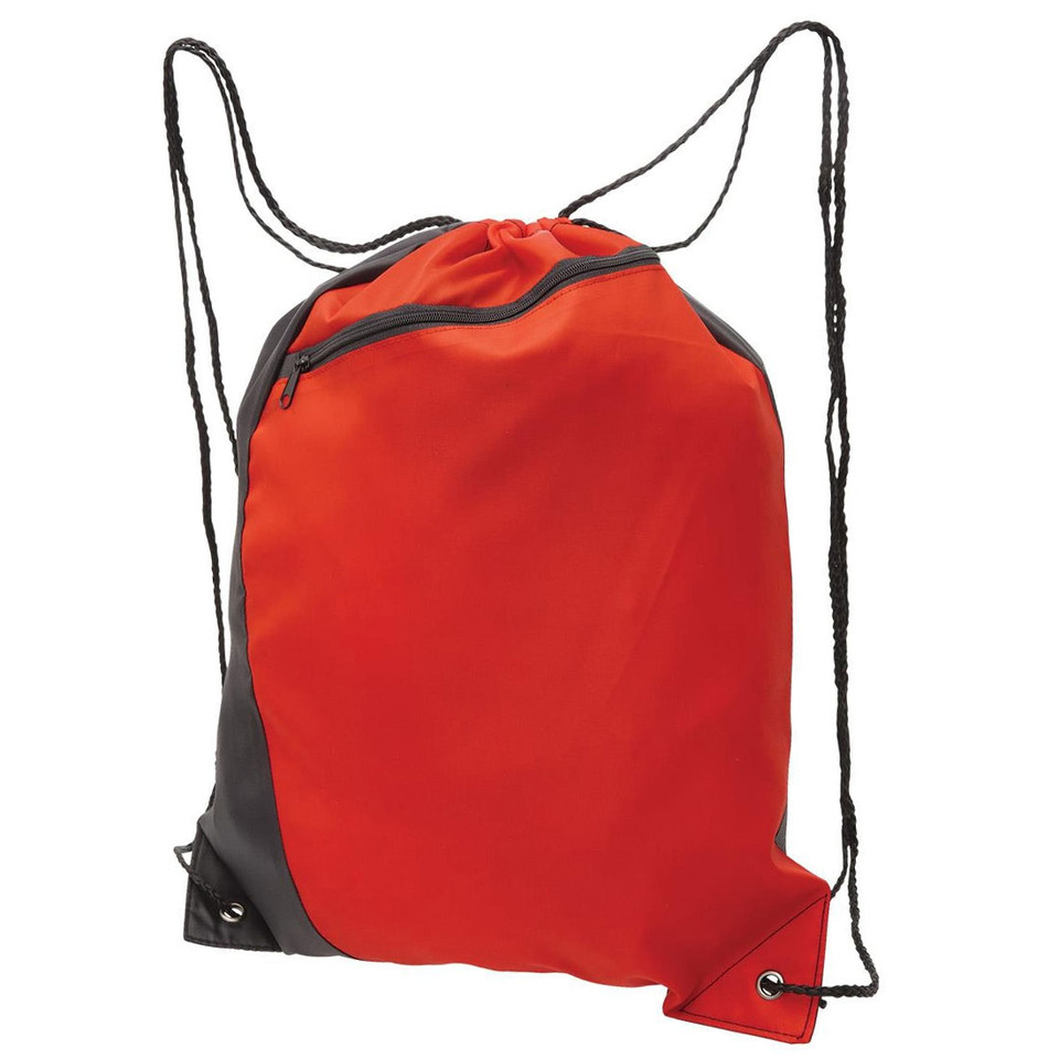 Red and charcoal contrast polyester drawstring bag with front zip pocket and black cord straps