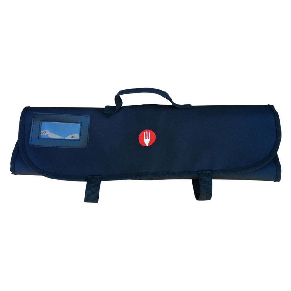 Navy rolled knife wrap bag with carry handle, clear ID window, red fork logo badge, and velcro closure straps