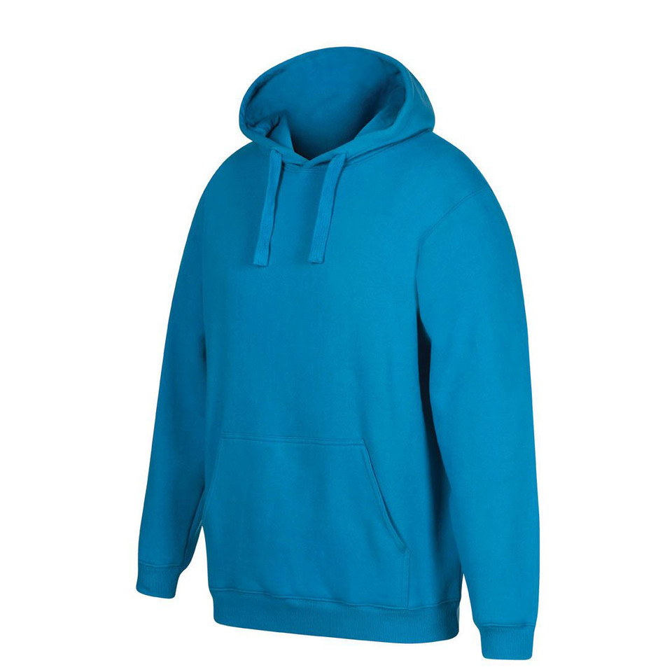 Sapphire blue pullover hoodie with kangaroo pocket and matching drawstrings