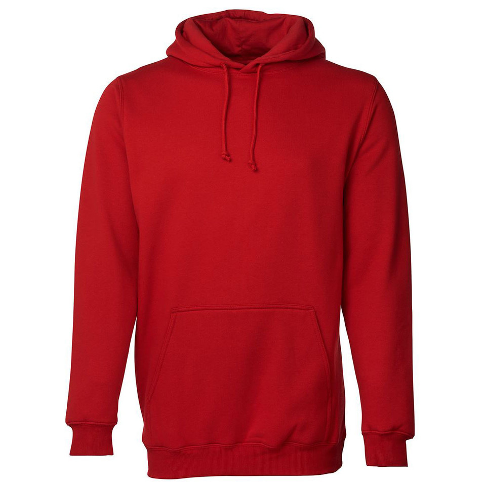 Bright red fleece hoodie with kangaroo pocket and matching drawstrings on plain background