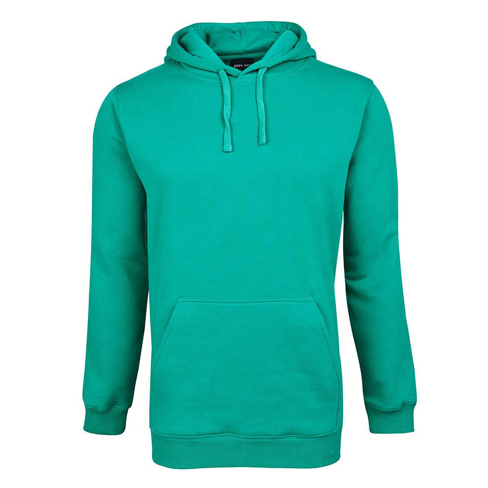 Jade green pullover hoodie with drawstring hood, front kangaroo pocket and ribbed cuffs