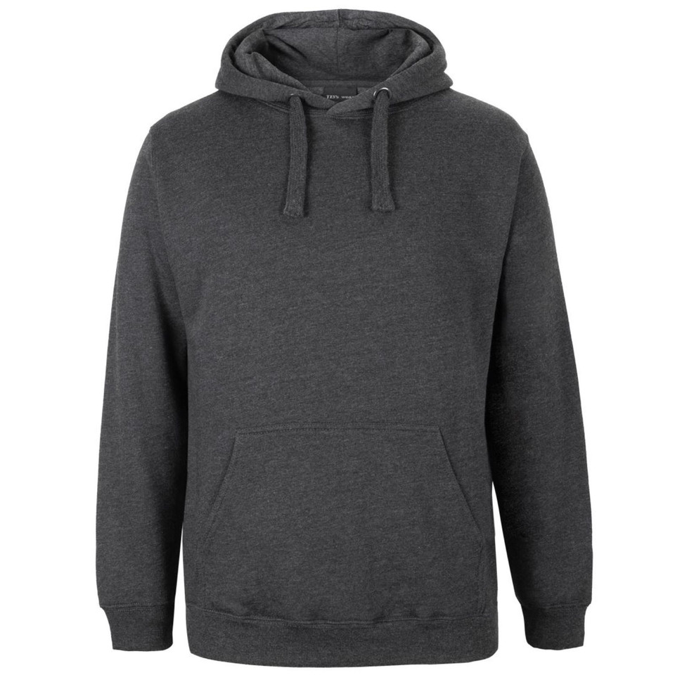 Charcoal marle pullover hoodie with drawstring hood, kangaroo pocket and ribbed cuffs