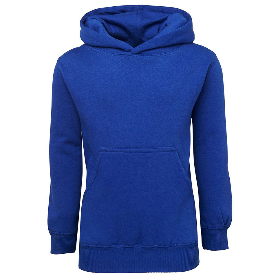 Royal blue kids fleece hoodie with kangaroo pocket and ribbed cuffs on white background
