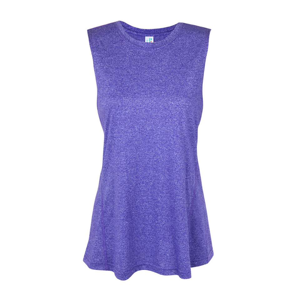 Heather purple sleeveless tank top with crew neckline and relaxed fit silhouette