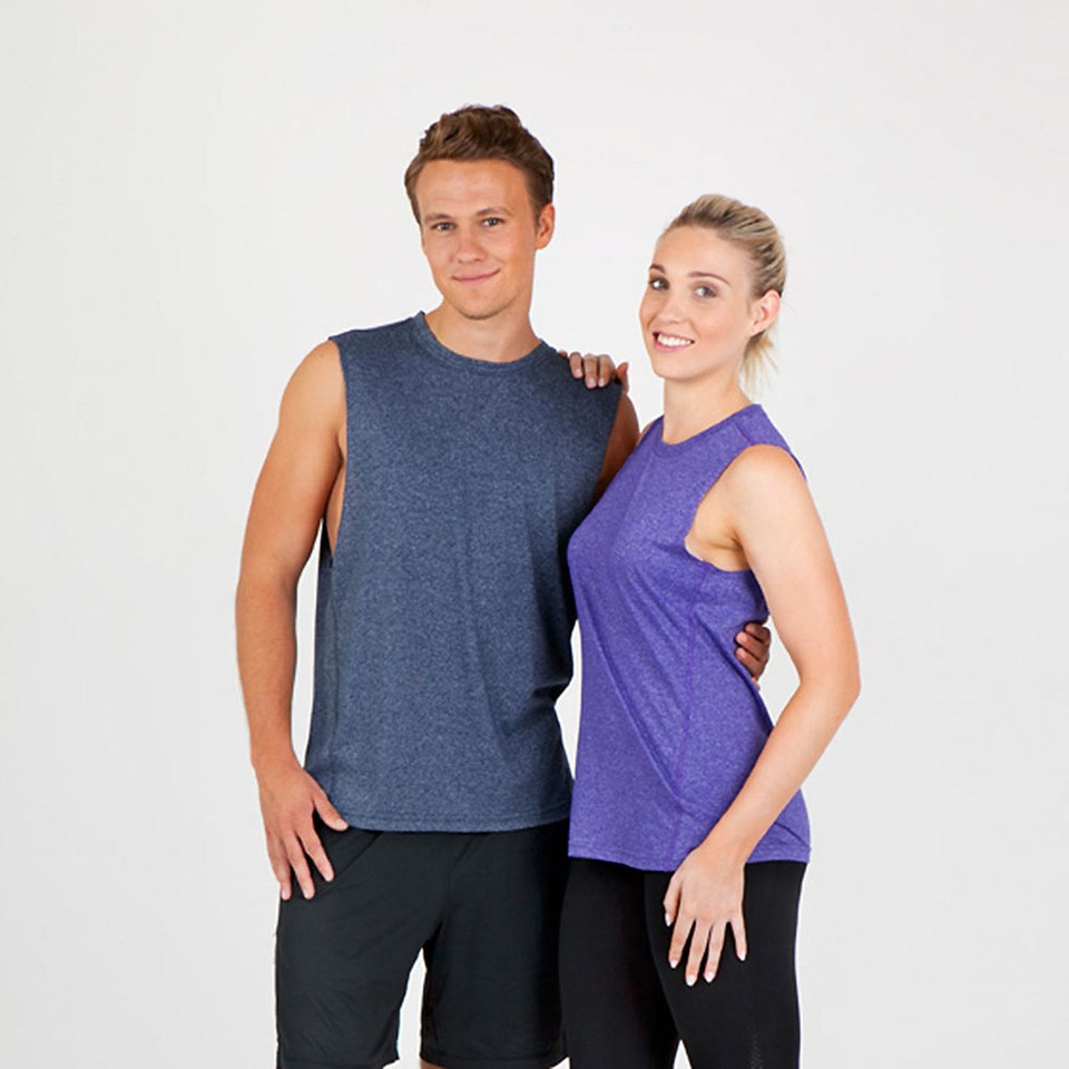 Purple heather sleeveless tank top on female model, paired with navy blue heather muscle tank on male model