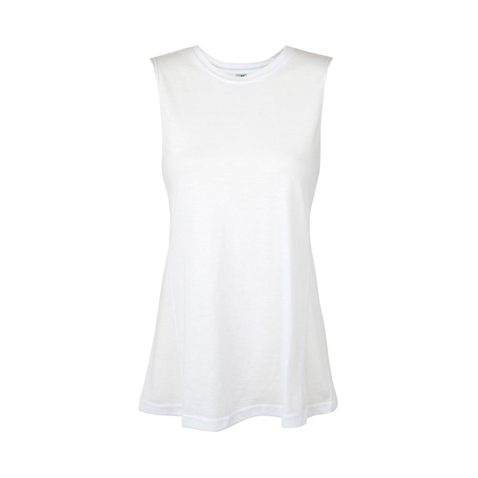 White sleeveless tank top with relaxed fit and curved hem, front view on plain background