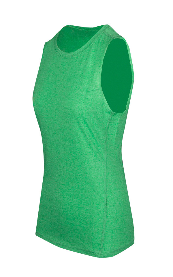 Heather green sleeveless tank top with crew neckline and curved hem shown on angle