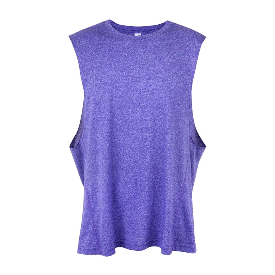 Purple heather sleeveless tank top with crew neckline and relaxed fit