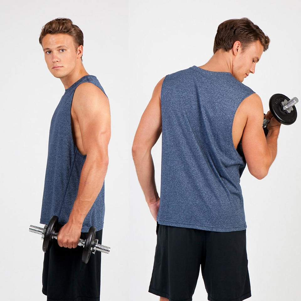 Heather navy blue sleeveless muscle tank shown from front and back views with relaxed fit