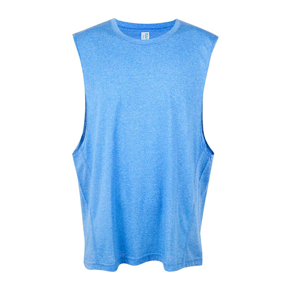 Heather blue sleeveless muscle tank with crew neck and wide armholes ideal for decoration