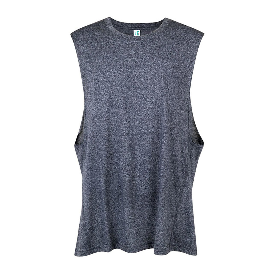 Heather charcoal sleeveless muscle tank with crew neck and relaxed armholes