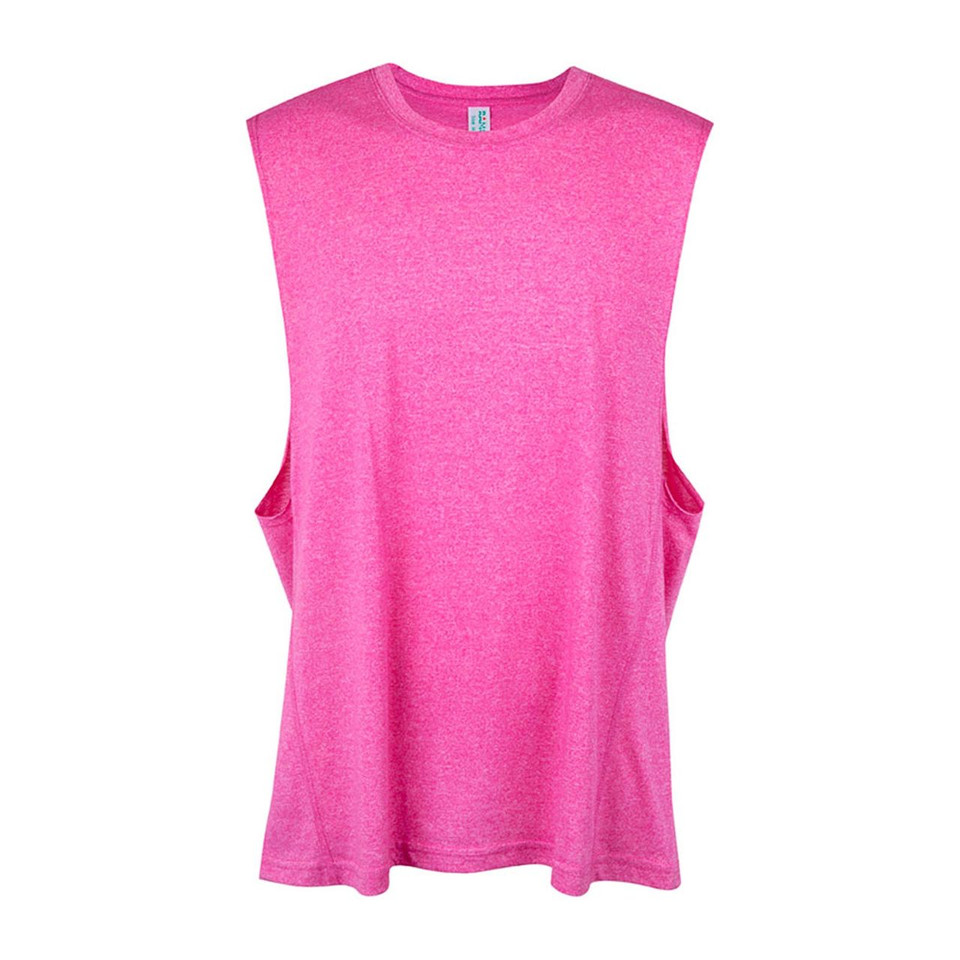 Hot pink heather marle mens sleeveless muscle tank with crew neck and deep armhole cut