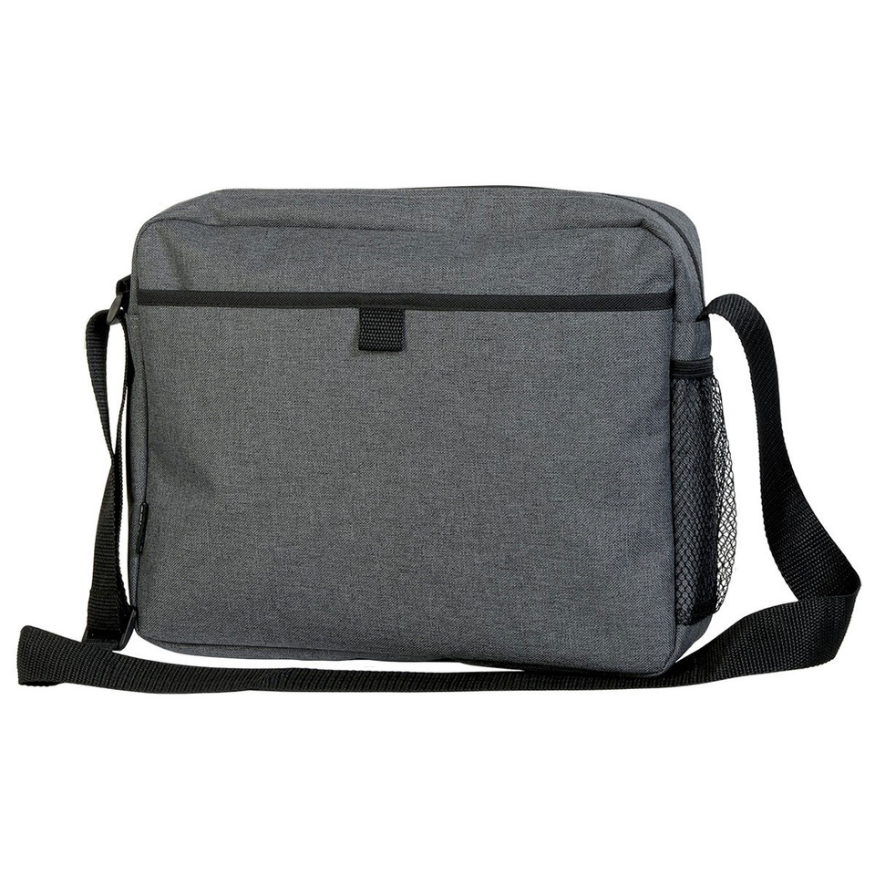Charcoal grey crossbody satchel with black zip trim, front pocket, mesh side pocket and adjustable shoulder strap