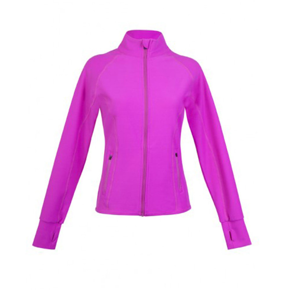 Vivid magenta slim fit ladies jacket with stand collar, full-length zip, side zip pockets and thumb-hole cuffs