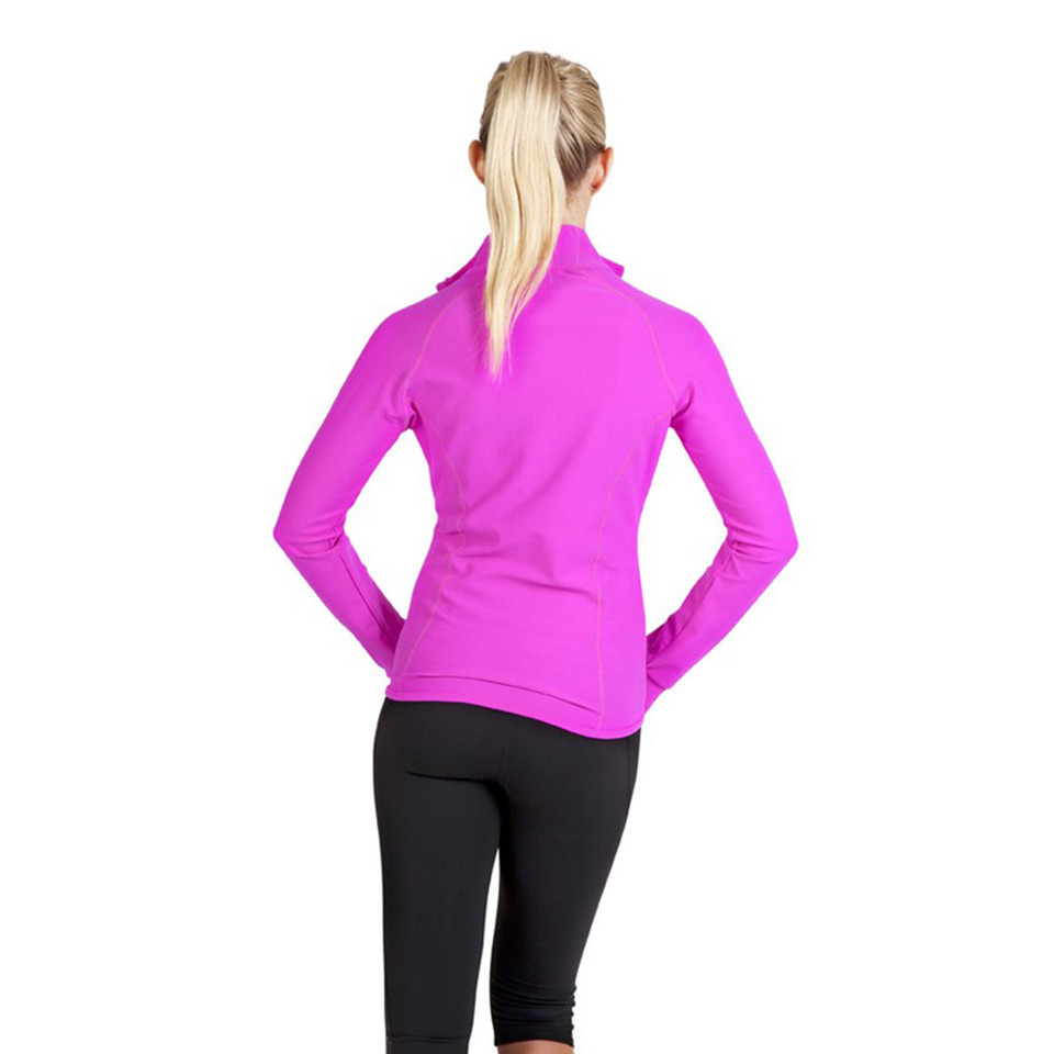 Back view of bright magenta athletic jacket with quarter zip neck and fitted silhouette worn with black leggings