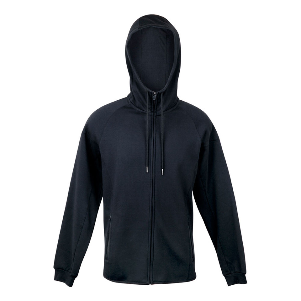 Navy polar fleece zip-up hoodie with drawstrings and ribbed cuffs