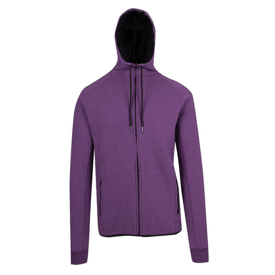 Heather purple zip-up hoodie with black contrast hood lining and drawstrings, featuring front pockets and ribbed cuffs