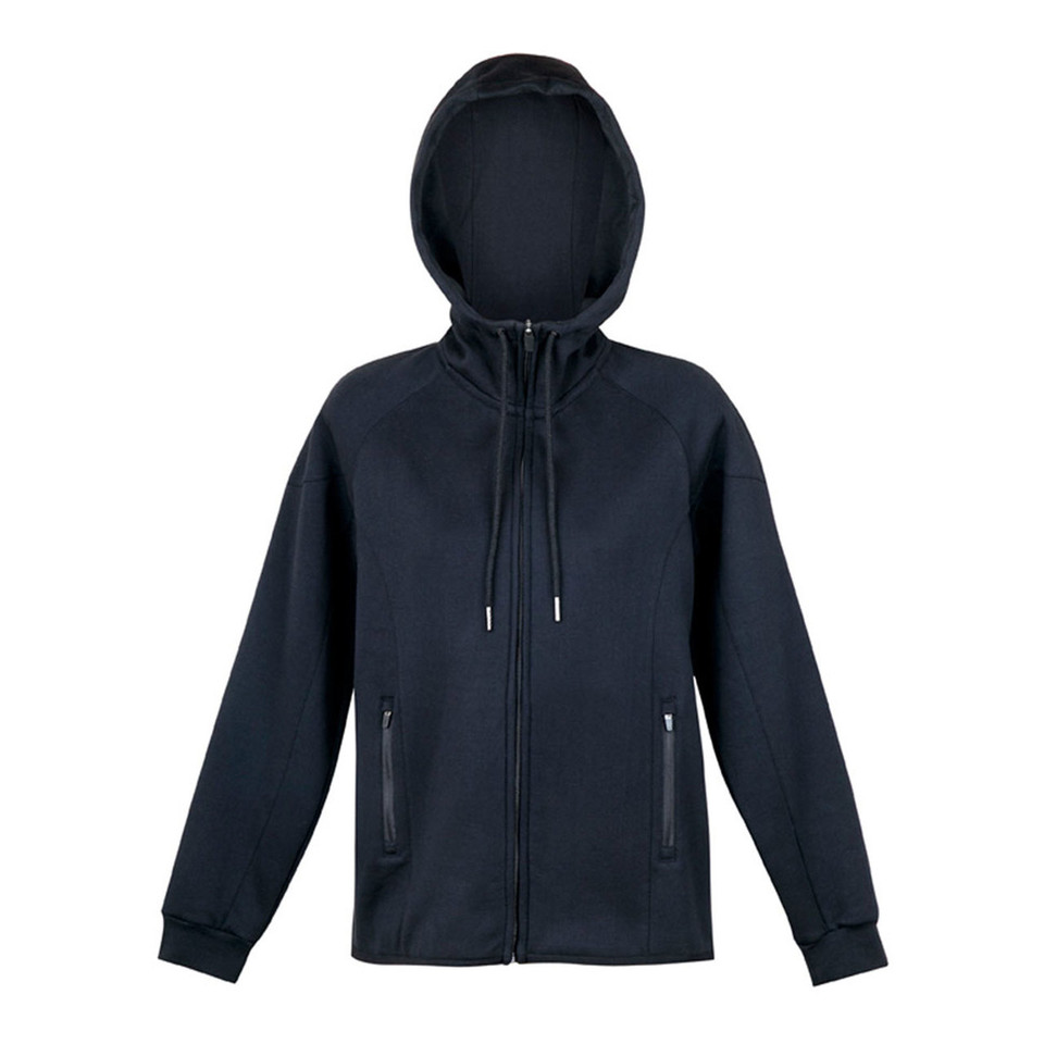 Navy full-zip fleece hoodie with drawstring hood and zippered side pockets