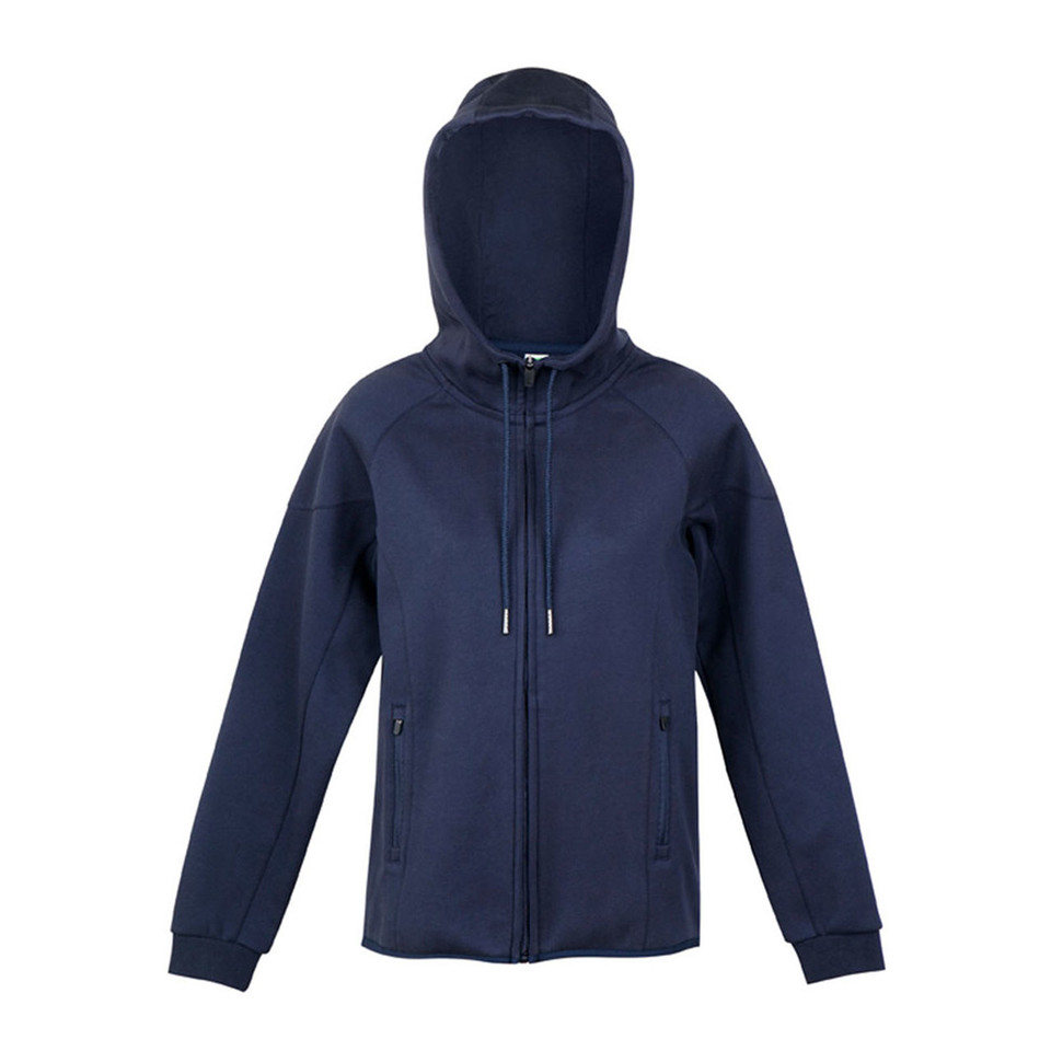 Navy polar fleece zip-up hoodie jacket with front pockets and drawstring hood