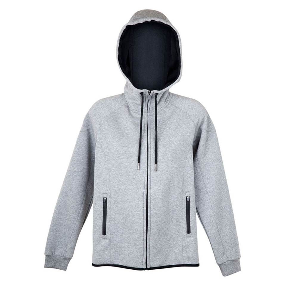 Grey marle zip-up hoodie with contrasting navy lining and trim, featuring front zipper pockets with black detail