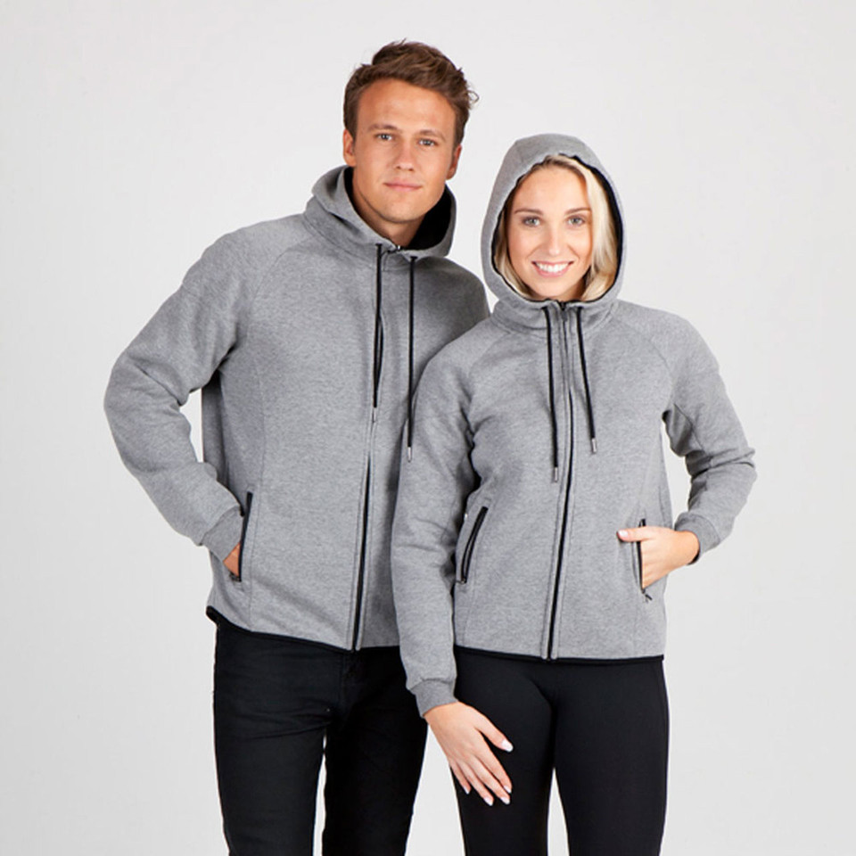 Grey marle fleece hoodie jacket with full zip, contrast black drawcords and front pockets on female model