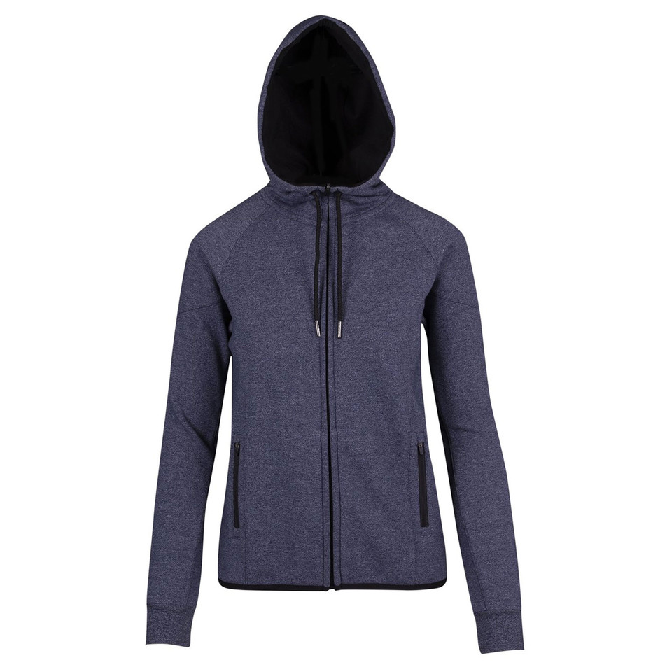 Navy marle zip-up hoodie with black contrast trim on hood lining, side panels and zipper pockets