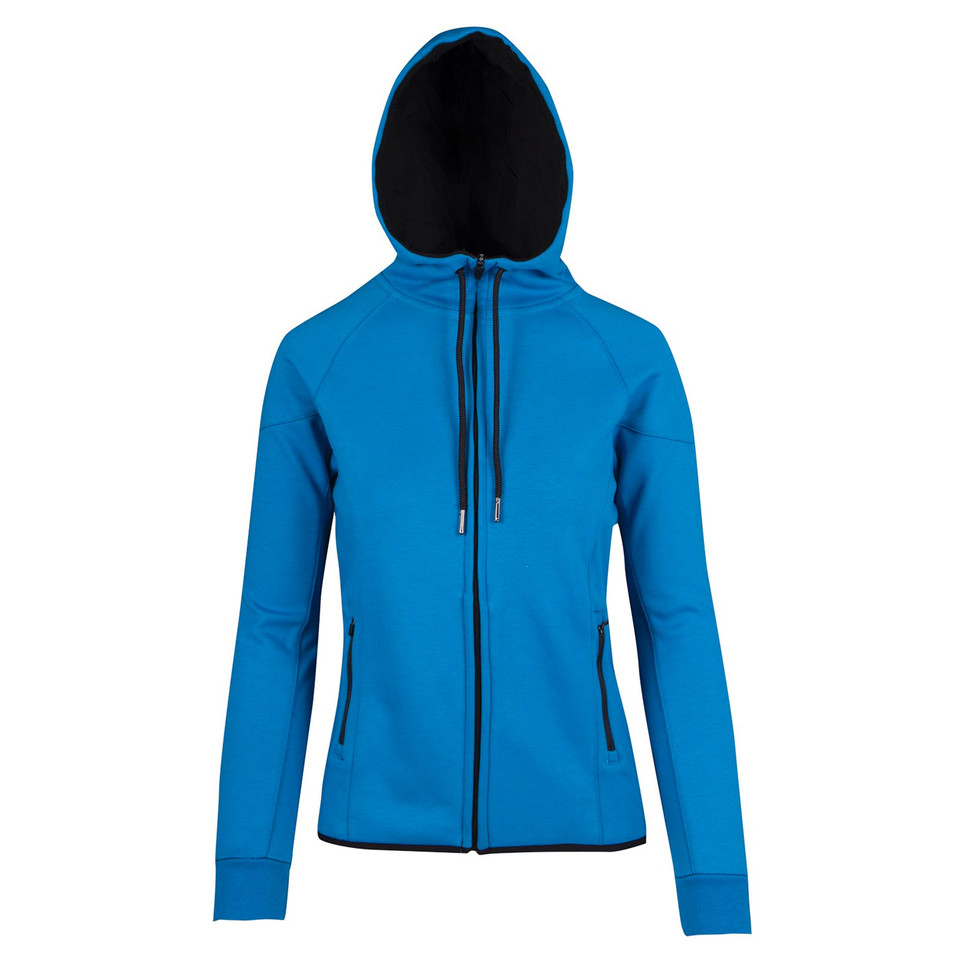 Azure blue fleece hoodie jacket with full zip, contrasting black hood lining and side pockets