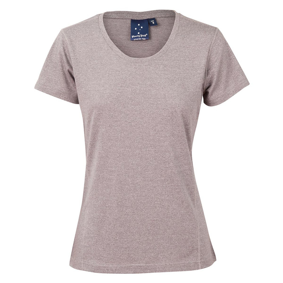 Ladies heather mauve sports tee with crew neck and short sleeves showing smooth decoration-ready front panel
