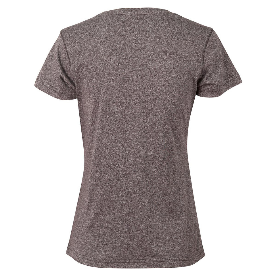 Charcoal heather women's short sleeve athletic tee with set-in sleeves and crew neck, back view