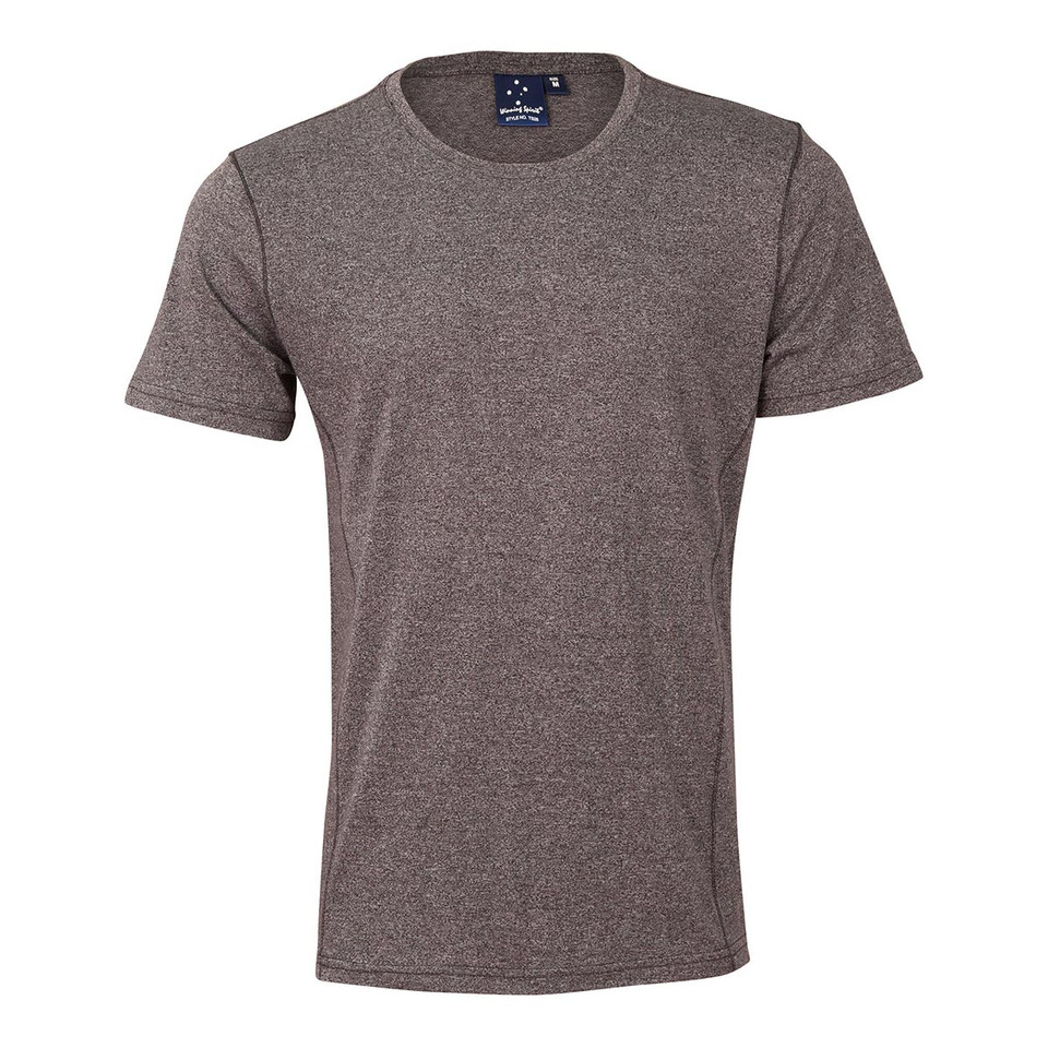 Charcoal heather short sleeve crew neck sports tee with smooth flat front panel for decoration
