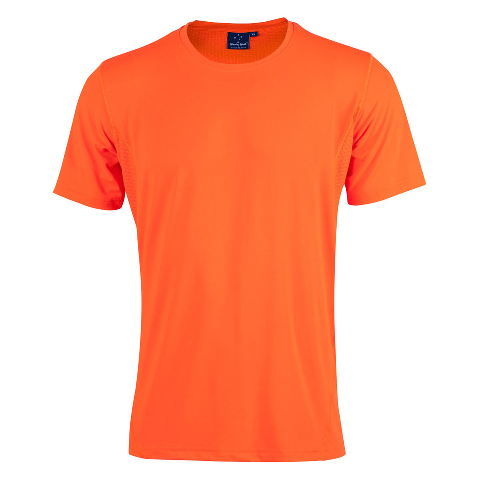 Fluoro orange crew neck sports tee with smooth flat front panel for decoration