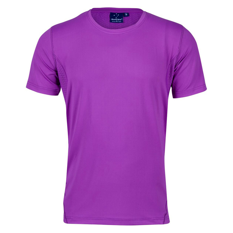 Bright purple crew neck performance tee with short sleeves and moisture-wicking fabric