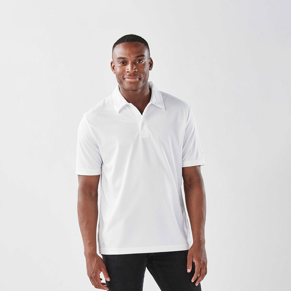 White quick-dry sports polo with flat collar and short sleeves shown on male model