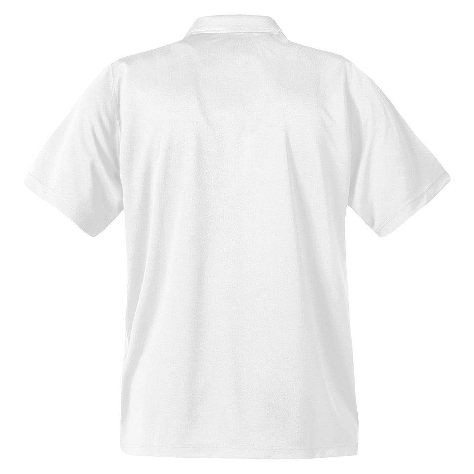 White quick dry sport polo shirt with collar and short sleeves, back view showing smooth surface ideal for decoration