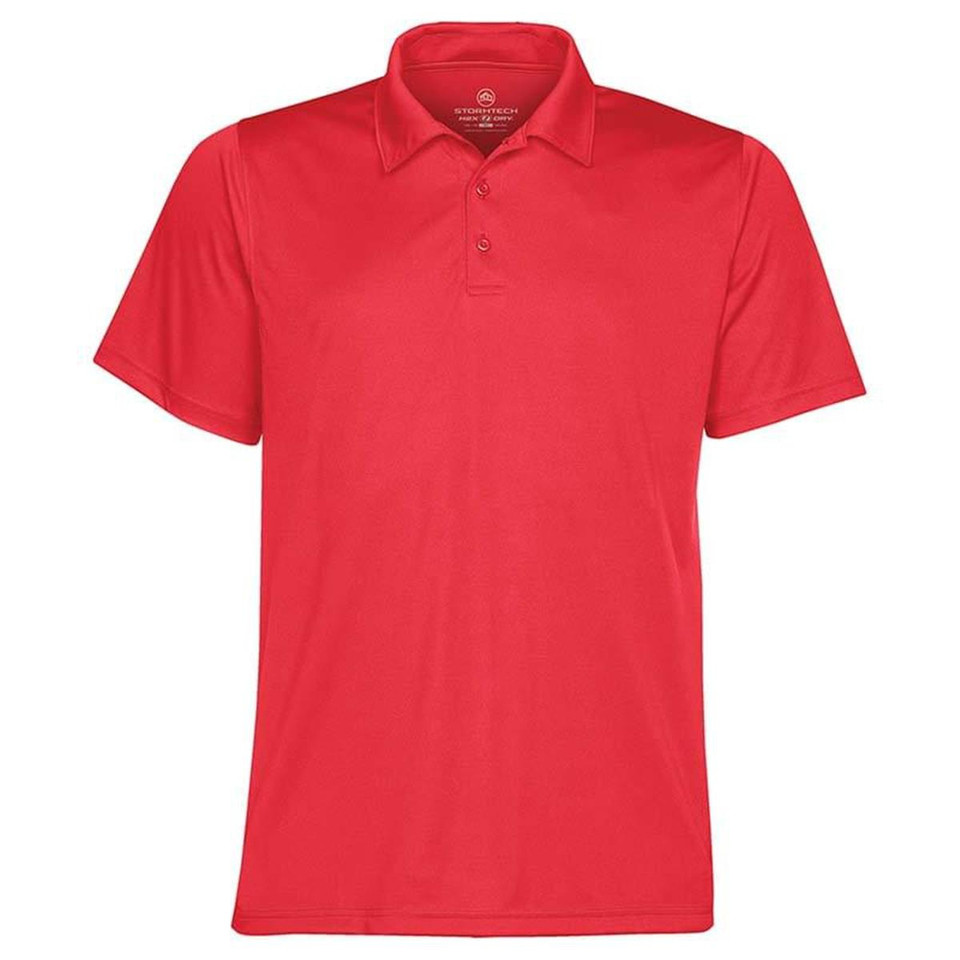 Bright red short sleeve polo shirt with matching collar and three-button placket