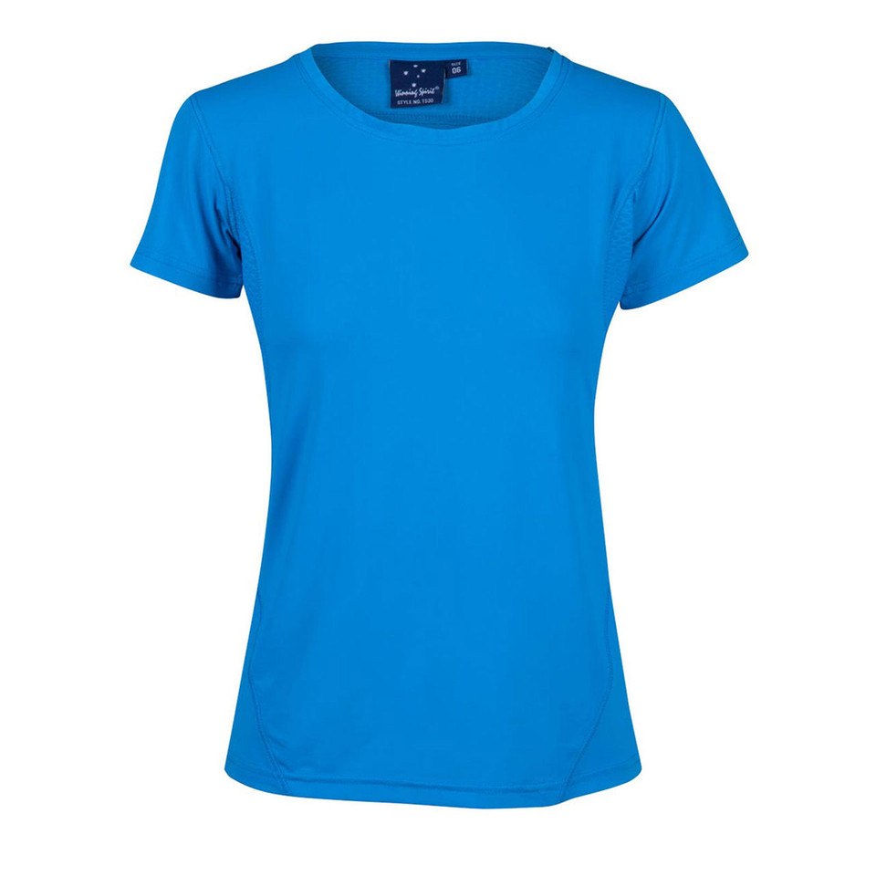 Ocean blue ladies fitted crew neck short sleeve sports tee with smooth flat front panel