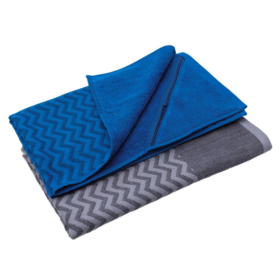 Royal blue and charcoal grey folded gym towels with chevron texture pattern and zippered pocket detail
