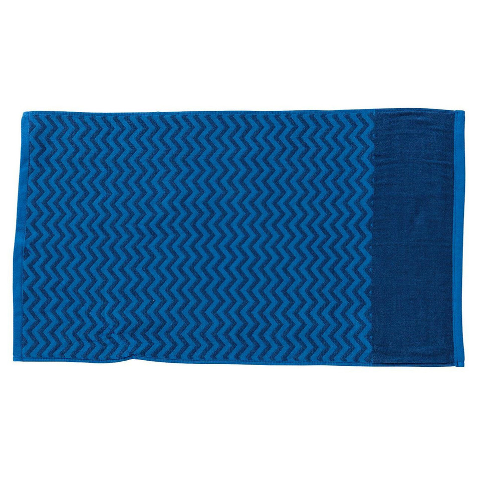 Royal blue gym towel with navy chevron zigzag pattern and solid navy end panel, flat lay packshot